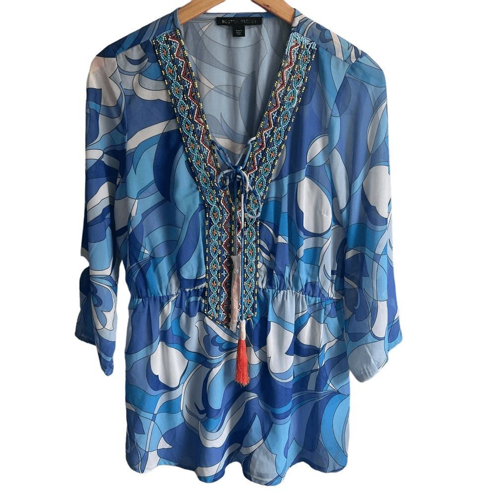 Boston Proper Beaded Swim Coverup Womens Small Blue Tunic Sheer Resort Vacation